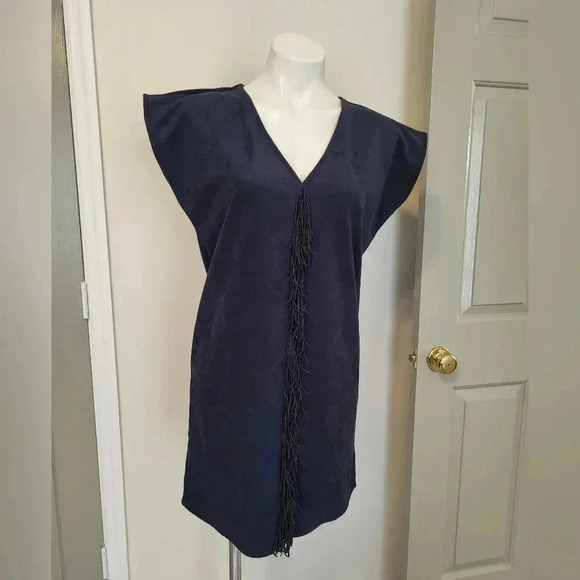 Marie Oliver Andi Navy Faux Suede Fringed Minimalist Boxy Shift Mini Dress(XS) - Picture 2 of 9